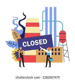 Closing of the factory, workers standing near work premises with closed sign, labor force losing their job, surrounded by colorful floral greenery, foliage, recession consequence, graphic flat concept