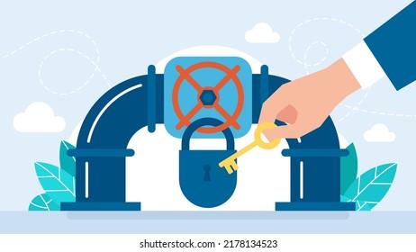 Closing, key opening the pipeline. Blockage of transportation of gas, oil, gasoline. A closed lock hangs on a blocked valve. Lack of fuel. Refusal of fossil fuels. Flat design. Vector illustration.