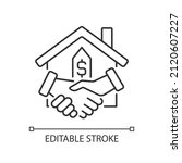 Closing linear icon. Property transfer from seller to buyer. Real estate transaction. Buy house. Thin line illustration. Contour symbol. Vector outline drawing. Editable stroke. Arial font used