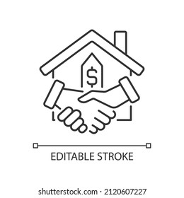 Closing linear icon. Property transfer from seller to buyer. Real estate transaction. Buy house. Thin line illustration. Contour symbol. Vector outline drawing. Editable stroke. Arial font used