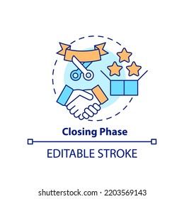 Closing phase concept icon. Work finish stage. Project management abstract idea thin line illustration. Isolated outline drawing. Editable stroke. Arial, Myriad Pro-Bold fonts used