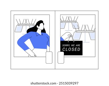 Closing a restaurant isolated cartoon vector illustrations. Cafe waiter at end of working hours, closed restaurant, service sector, horeca business industry, coronavirus lockdown vector cartoon.