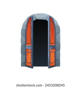 Closing stage of gate to the castle. Medieval wooden gate, old city entrance cartoon vector illustration