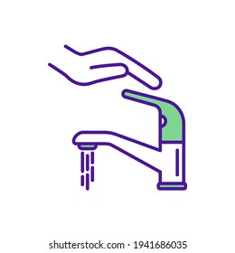 Closing tap RGB color icon. Water saving. Sensible human consumption. Household faucet. Using water for washing, drinking. Energy conservation. Spending minimization. Isolated vector illustration