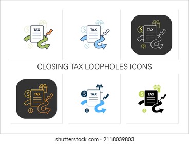 Closing tax loopholes icons set. Tax declaration. Help raise significant revenue.Universal basic income.Collection of icons in linear, filled, color styles.Isolated vector illustrations