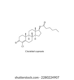 Estructura molecular esquelética plana de clstebol caproato Fármaco agonista del receptor Androgen utilizado en el tratamiento terapéutico de sustitución de andrógenos. Ilustración vectorial.