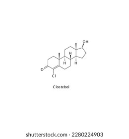 Estructura molecular esquelética plana de Clostebol Fármaco agonista del receptor Androgen utilizado en el tratamiento de trastornos oftalmológicos y dermatológicos. Ilustración vectorial.
