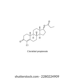 Estructura molecular esquelética plana propionato de clstebol Fármaco agonista del receptor andrógeno utilizado en el tratamiento terapéutico de sustitución androgénica. Ilustración vectorial.