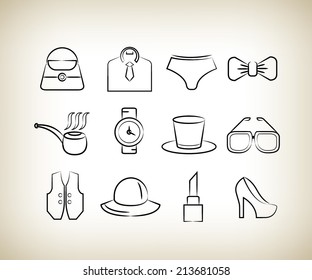 cloth and accessory icons in sketch line design