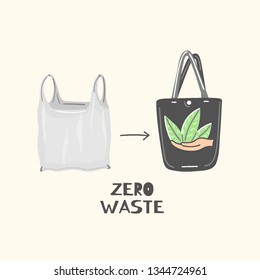 Cloth bag instead of plastic. Zero waste lifestyle. Eco friendly. Save planet. Care of nature. Vegan. Go green. Refuse, reduce, reuse, recycle, rot. Wasteless technology. Vector illustration, eps10