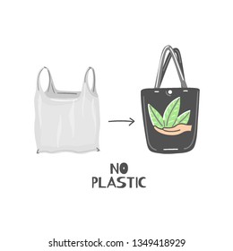 Cloth bag instead of plastic. Zero waste lifestyle. Eco friendly. Save planet. Care of nature. Go green. Refuse, reduce, reuse, recycle, rot. Wasteless technology. Vector illustration, eps10