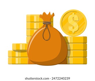 Bolso de tela con dinero. Pilas de monedas de oro con signo de dólar. Saco con cuerda. Símbolo de riqueza. Éxito empresarial. Ilustración vectorial plana.