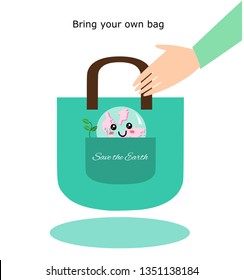 Cloth bag with smiling Earth,Say no to plastic bags, Bring your own bag,pollution problems concept