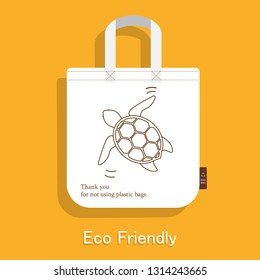 Cloth Bag Turtle Pattern Icon On A Yellow Background Campaign To Use Cloth Bags Instead Of Plastic Bags. Canvas Bag Reusable For Shopping. Eco-friendly Concept.