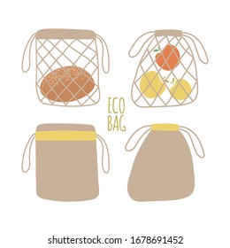 Bolsas de tela y pequeños sacos ecológicos de cuerda. Manzanas y pan en bolsa ecológica. Menos plástico, basura cero, eco-amigable, decir no a los conceptos de bolsas plásticas. Los residuos reducen la ilustración de las publicaciones en medios sociales. Vector.