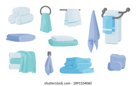 Cloth blanket. Folded fabric handkerchief, cartoon soft textile for kitchen and bathroom. Cotton napkin and rags, stacked rolled and hanging luxury blue, green and white towels vector isolated set
