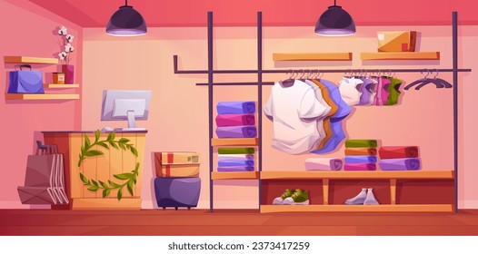 Cloth boutique interior with clothes and shoes organized on shelves and hanging on racks. Cartoon vector illustration of store room inside with cashier counter, male and female apparel and accessories