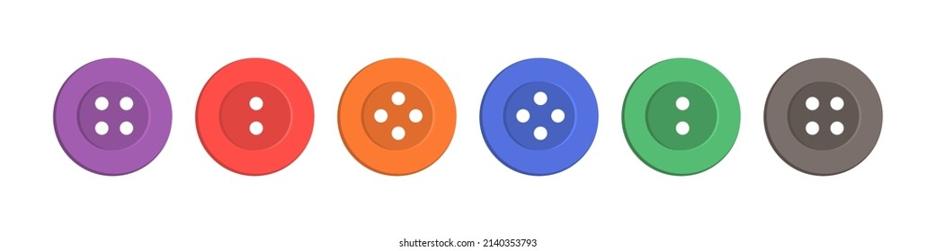 Cloth buttons. Plastic buttons isolated. Icons or shirt, sew, jacket and dress. Fashion of tailor sewing. Set of button with hole for thread. Round colored objects for clothes. Vector.