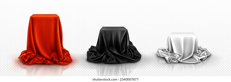 Cloth cover to reveal 3d podium box red and black. 3d silk fabric for hidden surprise. Mystery satin cube above to unveil. Isolated vector cube pedestal hide with silver drapery tablecloth concept