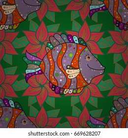 Cloth design, wallpaper. Repeating background. Sea fish on colored background. Print. Seamless pattern with fish. Vector illustration.