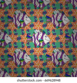 Cloth design, wallpaper. Sea fish on colored background. Print. Repeating background. Seamless pattern with fish. Vector illustration.