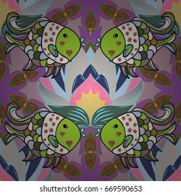 Cloth design, wallpaper. Vector illustration. Seamless pattern with fish. Print. Sea fish on colored background. Repeating background.