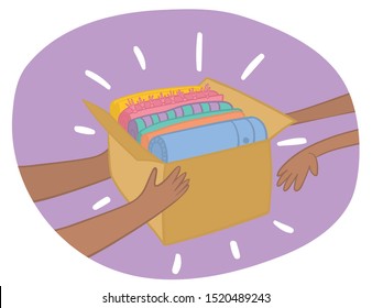 Cloth donation box with clothes in it. Dark skinned hands giving box to another hand. Charity card-box with apparel. Vector Illustration of Clothes Donation Box. Cartoon hand drawn illustration.
