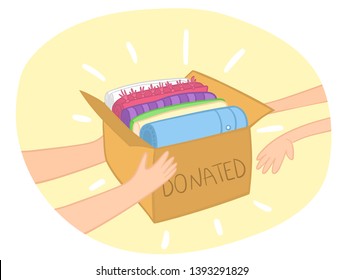 Cloth donation box vector with colorful clothes in it. Hands giving box to another hand. Charity card-box with apparel. Vector Illustration of Clothes Donation Box