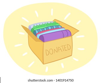 Cloth donation box vector with colorful clothes in it. Charity card-box with apparel. Vector Illustration of Clothes Donation Box. Reduce and reuse concept. Eco living.
