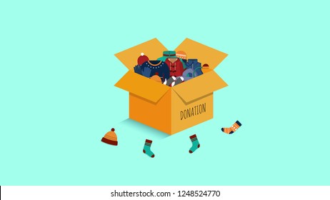 Cloth Donation Box Vector With Warm Clothes In It.