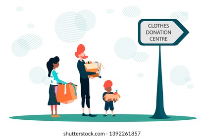 Cloth donation concept vector illustration. Family charity old clothes to clothes donation center. Mindfull lifestyle.