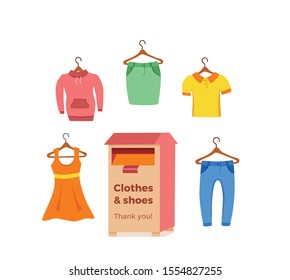 Cloth donation vector colorful cartoon style concept. Illustration of hand holding dress hanger. Social care and charity design. Swap party or event of exchanging old wardrobe for new template.