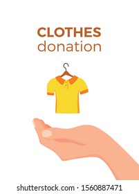 Cloth donation vector colorful cartoon style concept. Illustration of hand holding dress hanger. Social care and charity design. Swap party or event of exchanging old wardrobe for new template.