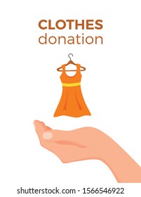 Cloth donation vector colorful cartoon style concept. Illustration of hand holding dress hanger. Social care and charity design. Swap party or event of exchanging old wardrobe for new template.