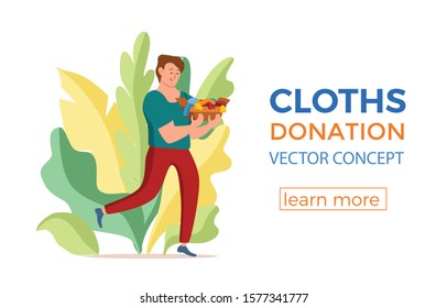 Cloth donation vector colorful cartoon style concept. Illustration of guy with box of her old dress putting it into donation bin. Social care and charity design. Swap party or volunteers template.