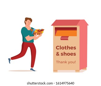 Cloth donation vector colorful cartoon style concept. Illustration of guy with box of her old dress putting it into donation bin. Social care and charity design. Swap party or volunteers template.