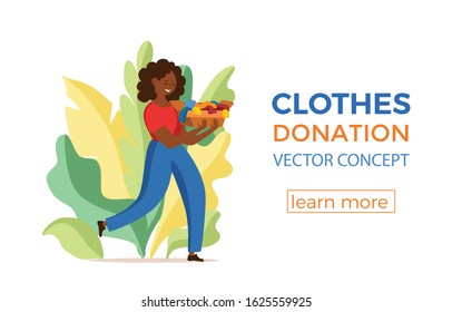 Cloth donation vector colorful cartoon style concept. Illustration African American girl with box of her old dress put in donation bin. Social care charity design. Swap party or volunteers template.