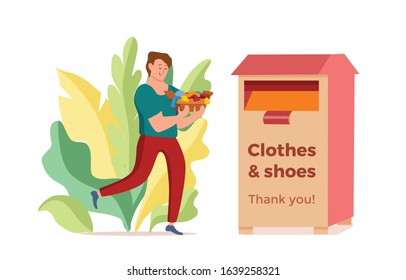 Cloth donation vector colorful cartoon style concept. Illustration of guy with box of her old dress putting it into donation bin. Social care and charity design. Swap party or volunteers template.