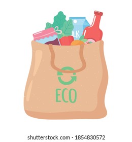 bolsa ecológica de paño con muchos productos, compras de comestibles ilustraciones vectoriales