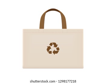 cloth eco bags blank or cotton yarn cloth bags, empty bags and brown recycling symbol isolated on white, fabric cloth eco bag brown empty template for campaign to use bags to reduce waste plastic