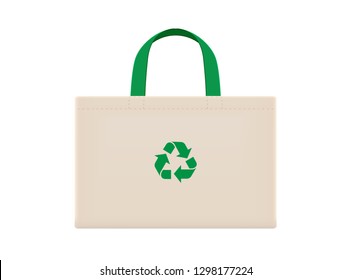 cloth eco bags blank or cotton yarn cloth bags, empty bags and green recycling symbol isolated on white, fabric cloth eco bag brown empty template for campaign to use bags to reduce waste plastic