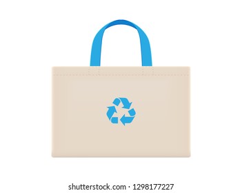 cloth eco bags blank or cotton yarn cloth bags, empty bags and blue recycling symbol isolated on white, fabric cloth eco bag brown empty template for campaign to use bags to reduce waste plastic