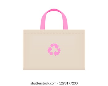 cloth eco bags blank or cotton yarn cloth bags, empty bags and pink recycling symbol isolated on white, fabric cloth eco bag brown empty template for campaign to use bags to reduce waste plastic