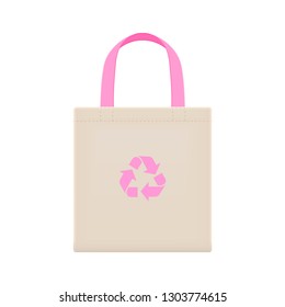 cloth eco bags blank or cotton yarn cloth bags, empty bags and pink recycling symbol isolated on white, fabric cloth eco bag brown empty template for campaign to use bags to reduce waste plastic