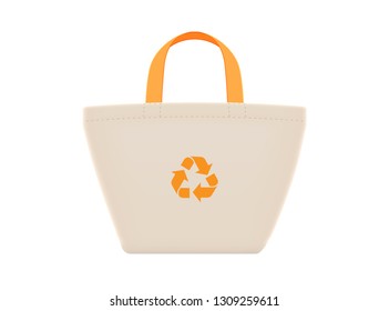 cloth eco bags blank or cotton yarn cloth bags, empty bags and orange recycling symbol isolated on white, fabric cloth eco bag brown empty template for campaign to use bags to reduce waste plastic