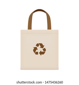 cloth eco bags blank or cotton yarn cloth bags, empty bags and brown recycling symbol isolated on white, fabric cloth eco bag brown empty template for campaign to use bags to reduce waste plastic