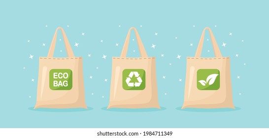 Cloth eco bags isolated on background. No plastic bag, use your own eco friendly package. Recycled Recyclable Biodegradable Sustainable Packaging. Vector illustration