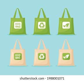 Cloth eco bags isolated on background. No plastic bag, use your own eco friendly package. Recycled Recyclable Biodegradable Sustainable Packaging. Vector illustration