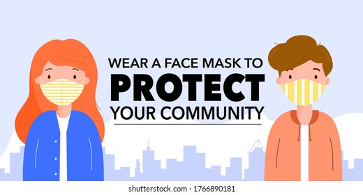 Cloth face covering to protect community from Covid-19 banner with man and girl wearing fabric face mask standing in downtown. Buildings and cityscape view in background. Vector illustration