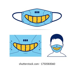 Cloth Face Mask Design With Creepy Evil Smile Of Robot Cyborg Cyberpunk Mouth Illustration